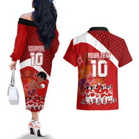 Personalised Tonga Rugby Couples Matching Off The Shoulder Long Sleeve Dress and Hawaiian Shirt Sipi Tau Dance Coat of Arms Ngatu Pattern LT03 - Polynesian Pride