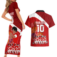 Personalised Tonga Rugby Couples Matching Short Sleeve Bodycon Dress and Hawaiian Shirt Sipi Tau Dance Coat of Arms Ngatu Pattern LT03 - Polynesian Pride
