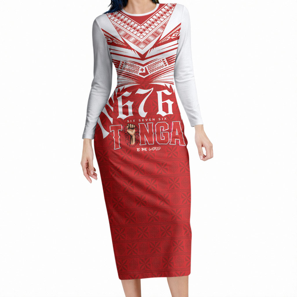 Tonga Rugby Custom Long Sleeve Bodycon Dress Sipi Tau - Six Seven Six to the World LT03 Long Dress Red - Polynesian Pride