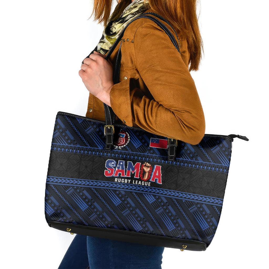 Toa Samoa Rugby Leather Tote Bag Siva Tau - Samoan Warriors Pacific Pattern LT03 Navy - Polynesian Pride
