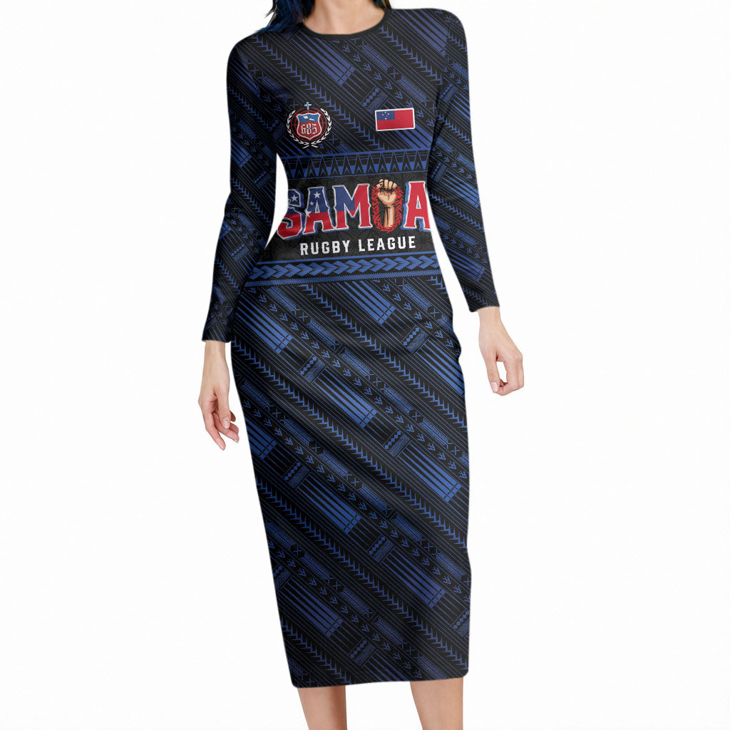 Toa Samoa Rugby Long Sleeve Bodycon Dress Siva Tau - Samoan Warriors Pacific Pattern