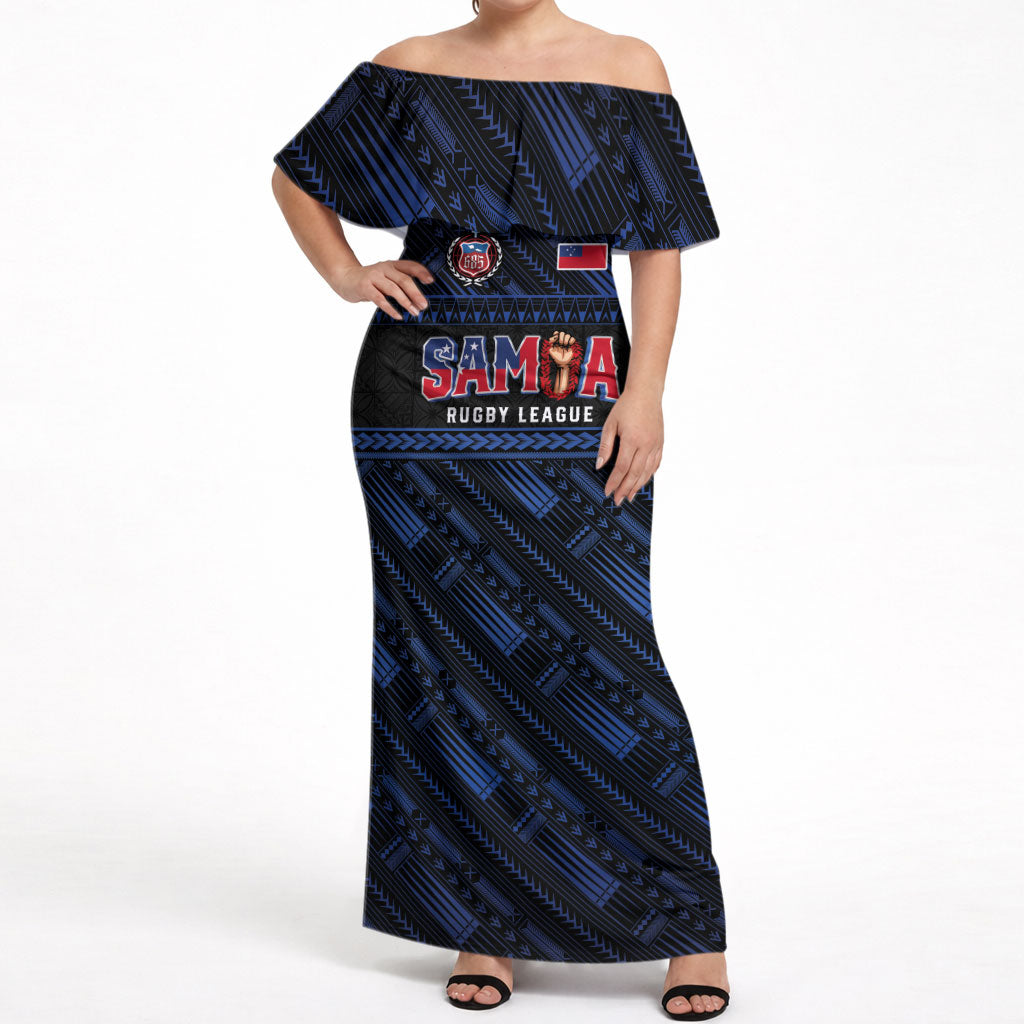 Toa Samoa Rugby Off Shoulder Maxi Dress Siva Tau - Samoan Warriors Pacific Pattern LT03 Women Navy - Polynesian Pride