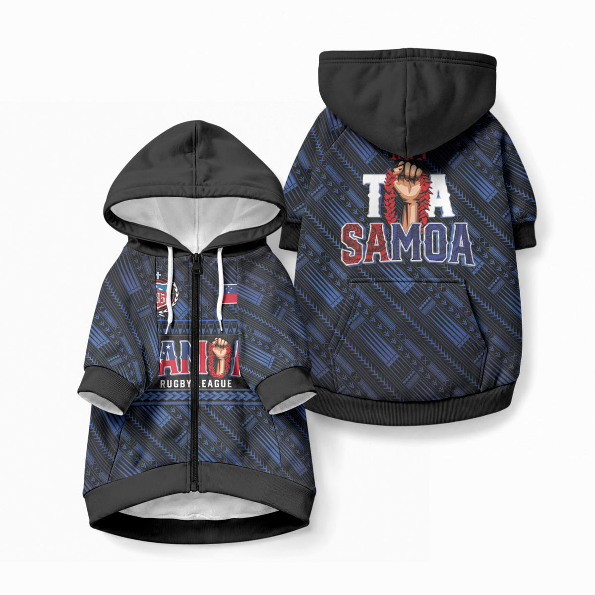 Toa Samoa Rugby Pet Hoodie Siva Tau - Samoan Warriors Pacific Pattern LT03 Zip-up Navy - Polynesian Pride