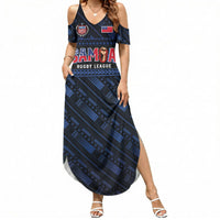 Toa Samoa Rugby Summer Maxi Dress Siva Tau - Samoan Warriors Pacific Pattern LT03 Women Navy - Polynesian Pride