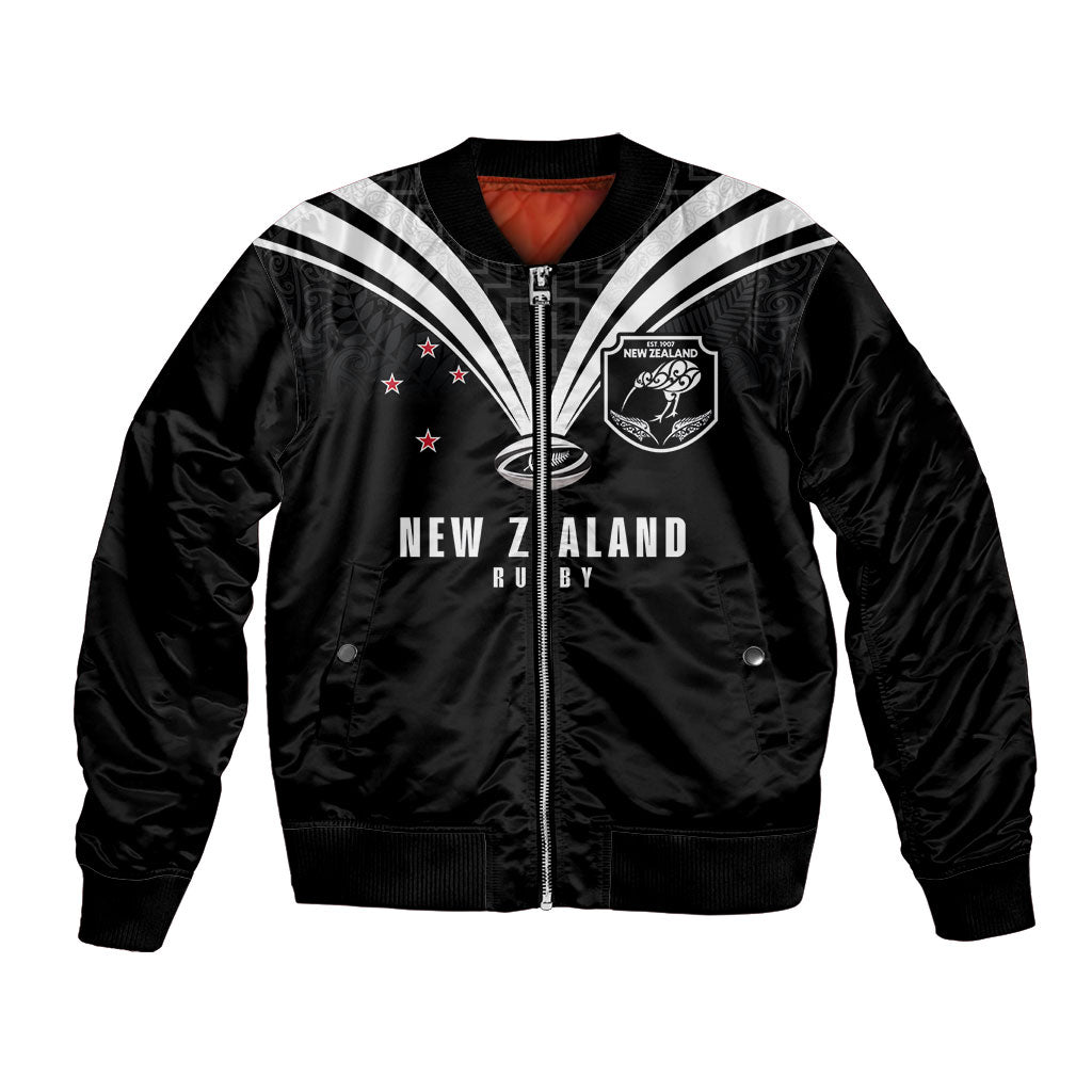 New Zealand Maori Rugby Custom Bomber Jacket Aotearoa Tribal Motif Retro Concept LT03 Unisex Black - Polynesian Pride