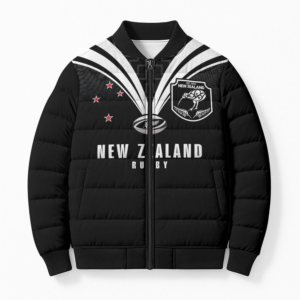 New Zealand Maori Rugby Custom Bomber Puffer Jacket Aotearoa Tribal Motif Retro Concept LT03 Unisex Black - Polynesian Pride