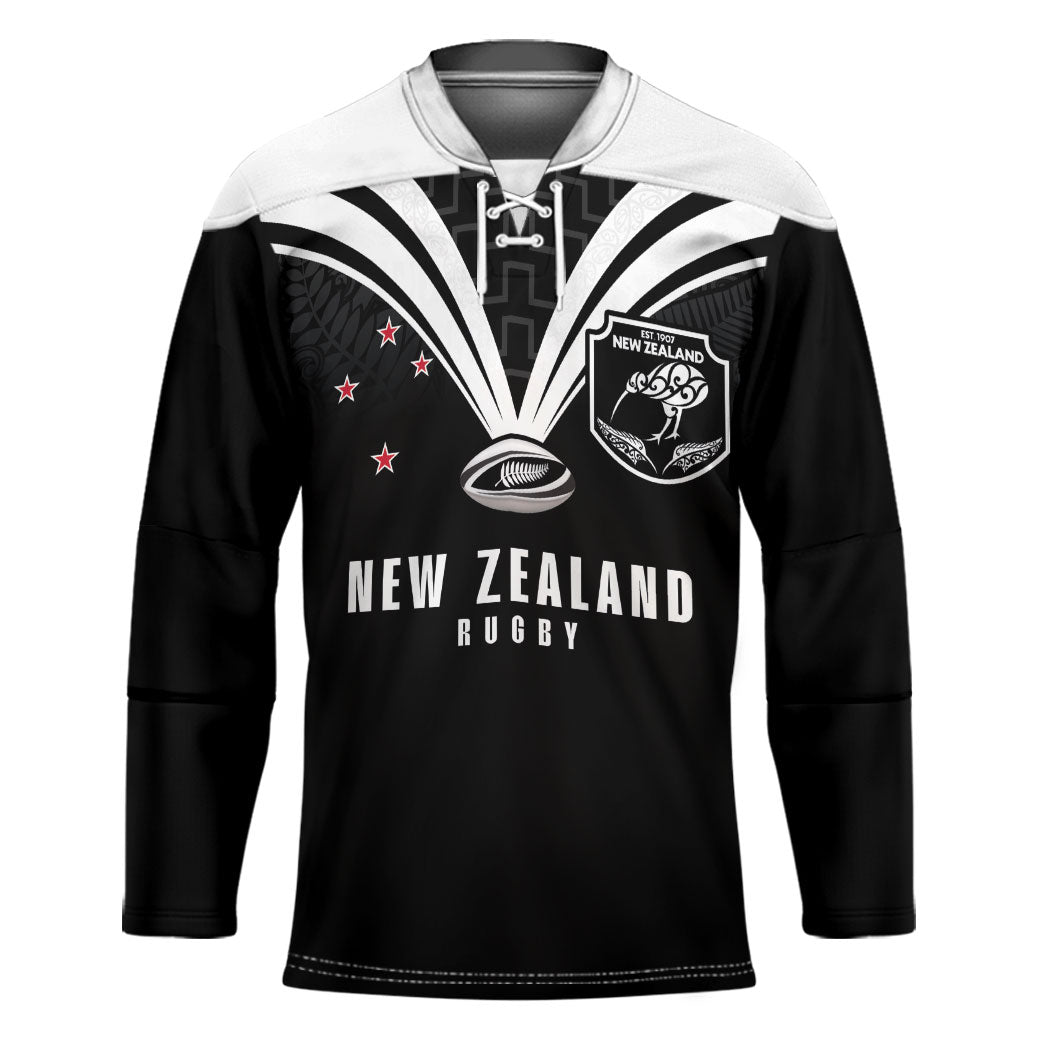 New Zealand Maori Rugby Custom Hockey Jersey Aotearoa Tribal Motif Retro Concept LT03 Unisex Black - Polynesian Pride