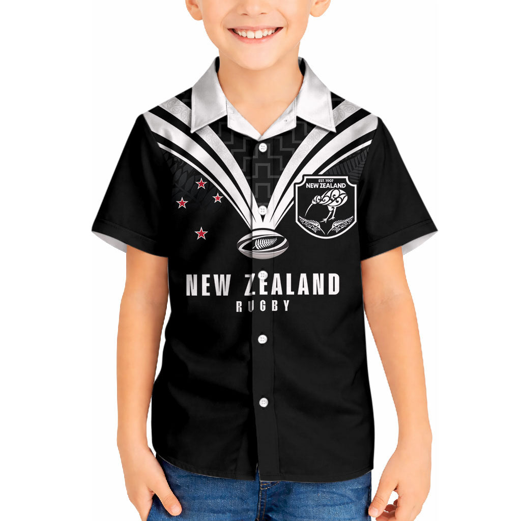 New Zealand Maori Rugby Custom Kid Hawaiian Shirt Aotearoa Tribal Motif Retro Concept LT03 Kid Black - Polynesian Pride