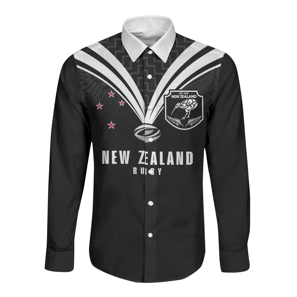 New Zealand Maori Rugby Custom Long Sleeve Button Shirt Aotearoa Tribal Motif Retro Concept LT03 Unisex Black - Polynesian Pride