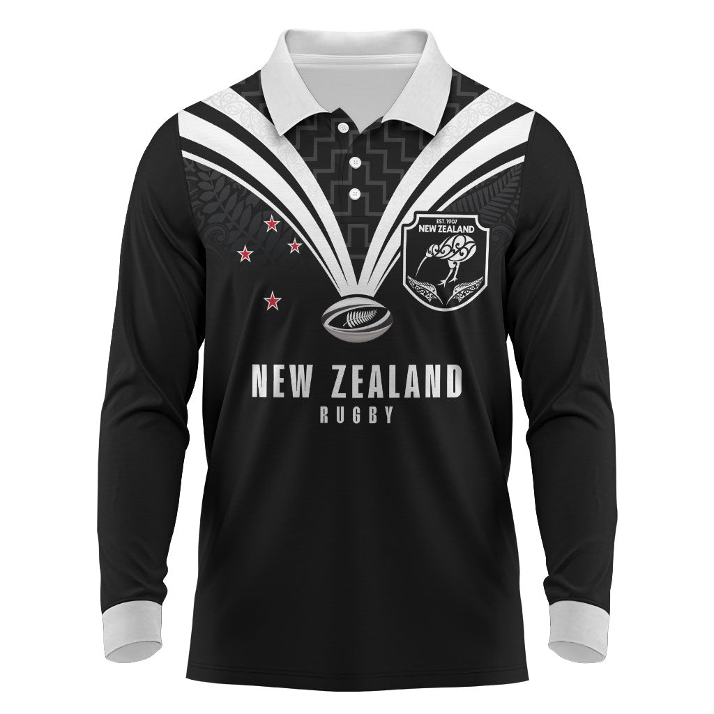 New Zealand Maori Rugby Custom Long Sleeve Polo Shirt Aotearoa Tribal Motif Retro Concept LT03 Black - Polynesian Pride