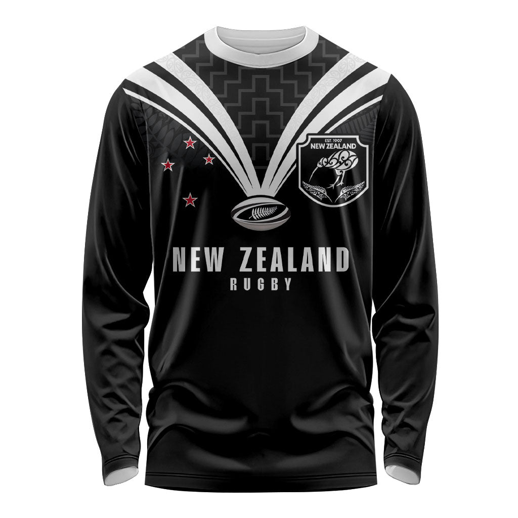 New Zealand Maori Rugby Custom Long Sleeve Shirt Aotearoa Tribal Motif Retro Concept LT03 Unisex Black - Polynesian Pride