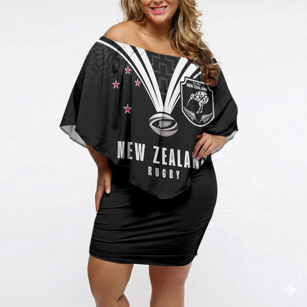 New Zealand Maori Rugby Custom Off Shoulder Short Dress Aotearoa Tribal Motif Retro Concept LT03 Women Black - Polynesian Pride