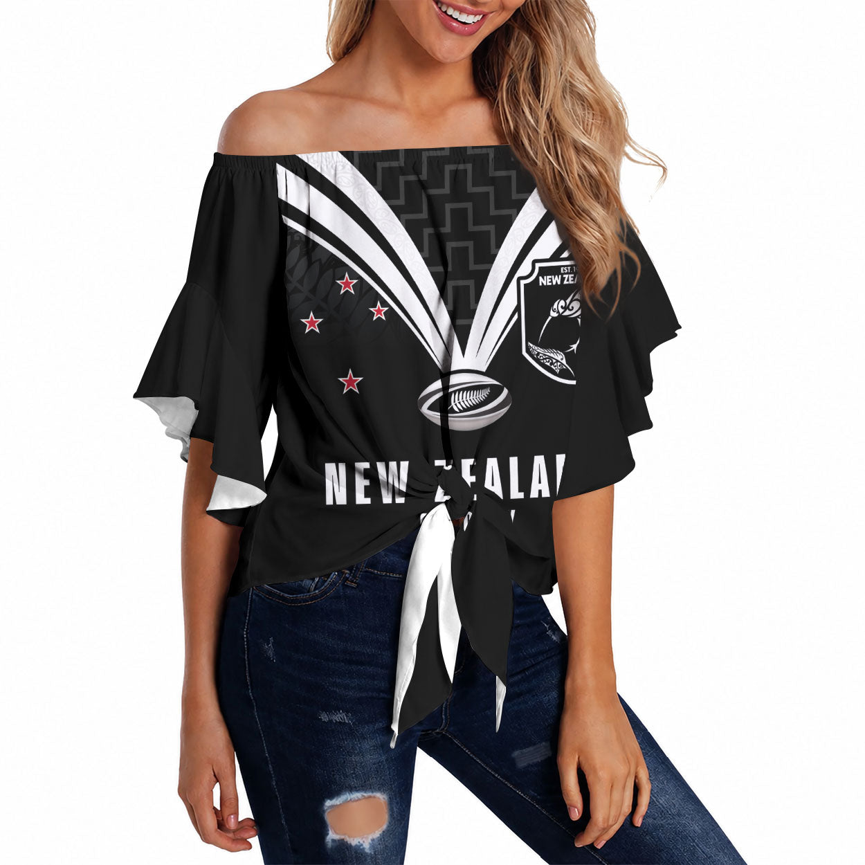 New Zealand Maori Rugby Custom Off Shoulder Wrap Waist Top Aotearoa Tribal Motif Retro Concept LT03 Black - Polynesian Pride