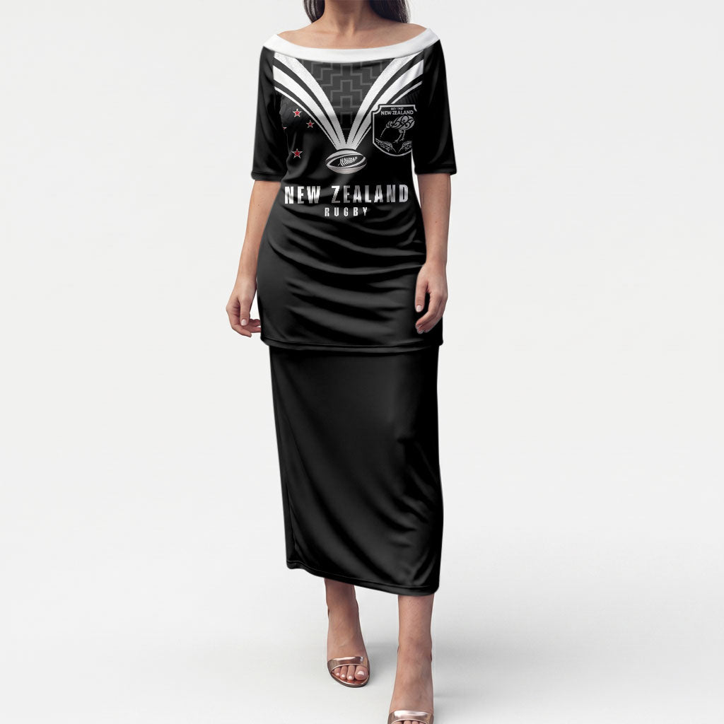 New Zealand Maori Rugby Custom Puletasi Aotearoa Tribal Motif Retro Concept LT03 Long Dress Black - Polynesian Pride