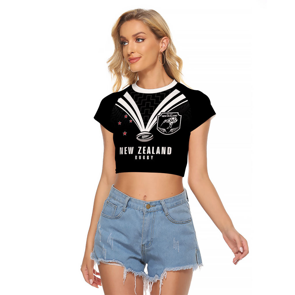 New Zealand Maori Rugby Custom Raglan Cropped T Shirt Aotearoa Tribal Motif Retro Concept LT03 Female Black - Polynesian Pride