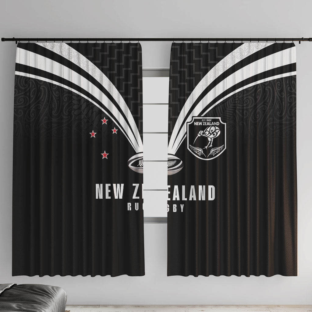 New Zealand Maori Rugby Window Curtain Aotearoa Tribal Motif Retro Concept LT03 With Hooks Black - Polynesian Pride