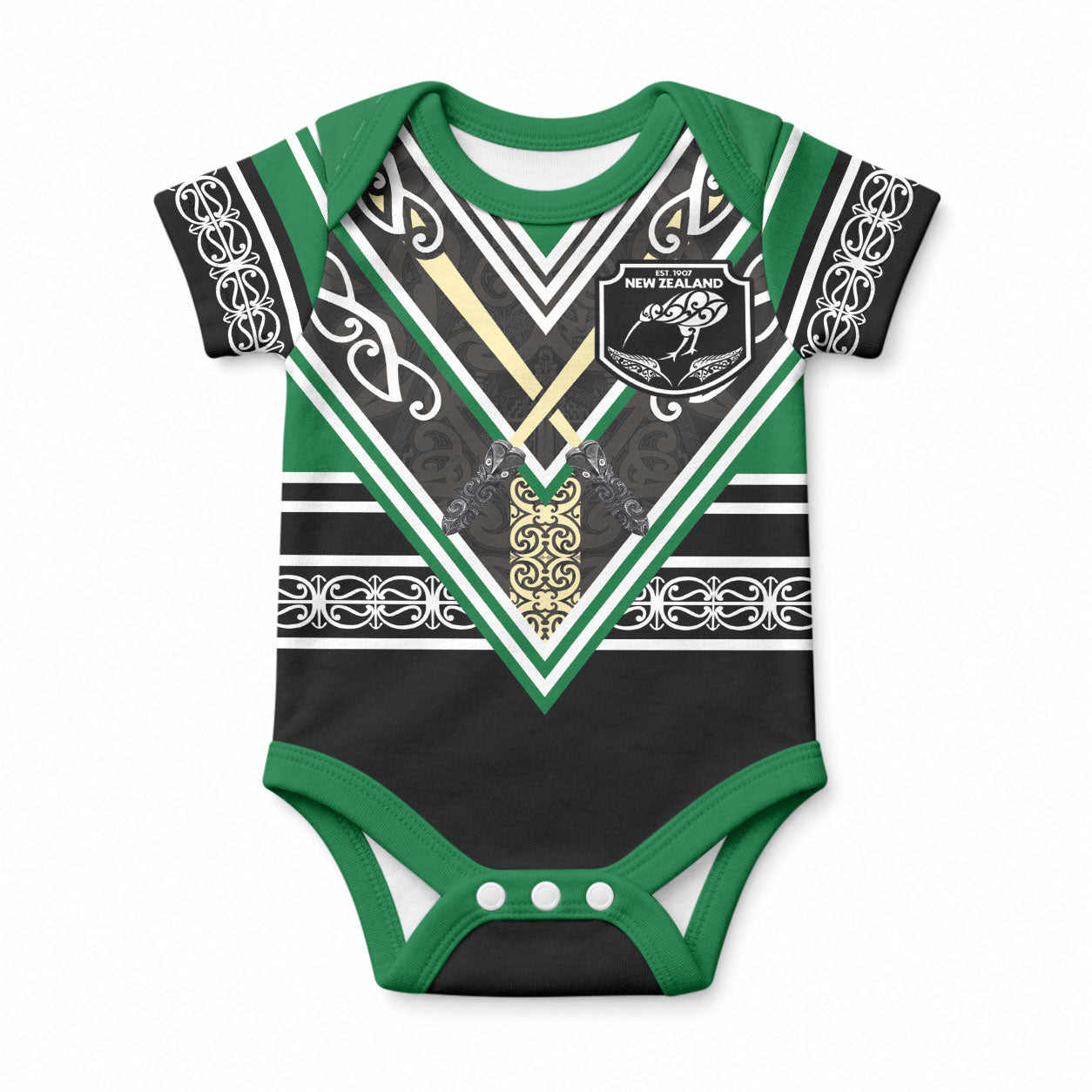 New Zealand Maori Rugby Custom Baby Onesie Aotearoa Koru Geometric - Naturalistic Green LT03 Green - Polynesian Pride