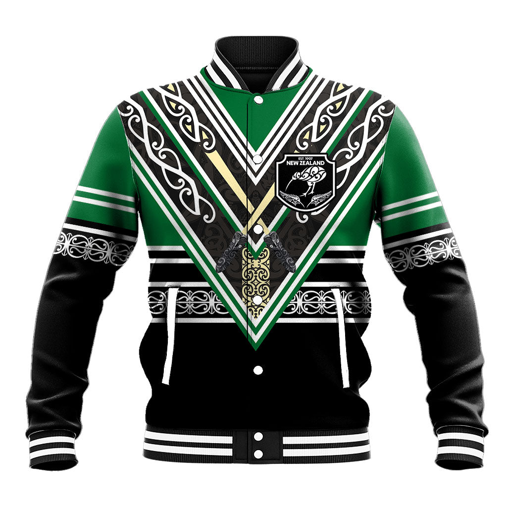 New Zealand Maori Rugby Custom Baseball Jacket Aotearoa Koru Geometric - Naturalistic Green LT03 Unisex Green - Polynesian Pride