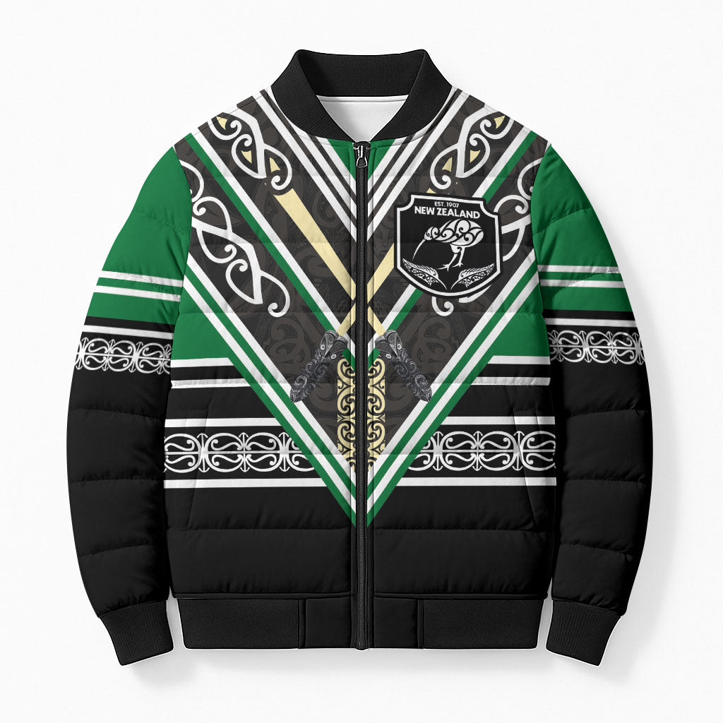 New Zealand Maori Rugby Custom Bomber Puffer Jacket Aotearoa Koru Geometric - Naturalistic Green LT03 Unisex Green - Polynesian Pride