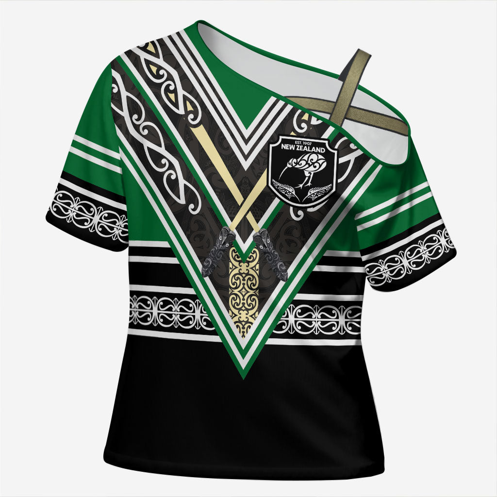 New Zealand Maori Rugby Custom Cross Shoulder Shirt Aotearoa Koru Geometric - Naturalistic Green LT03 Female Green - Polynesian Pride