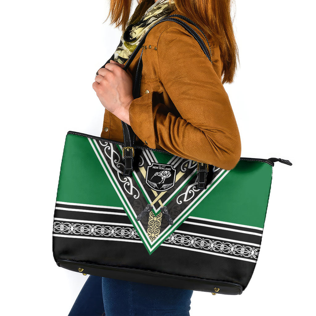 New Zealand Maori Rugby Leather Tote Bag Aotearoa Koru Geometric - Naturalistic Green LT03 Green - Polynesian Pride