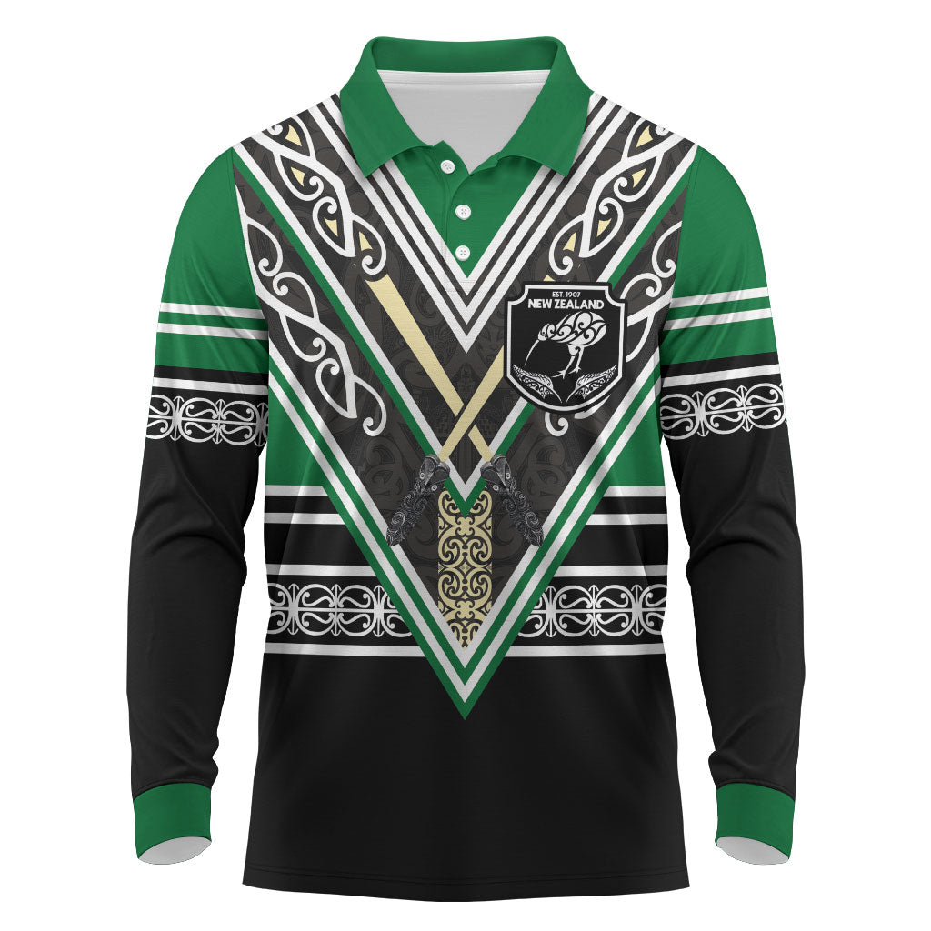 New Zealand Maori Rugby Custom Long Sleeve Polo Shirt Aotearoa Koru Geometric - Naturalistic Green LT03 Green - Polynesian Pride