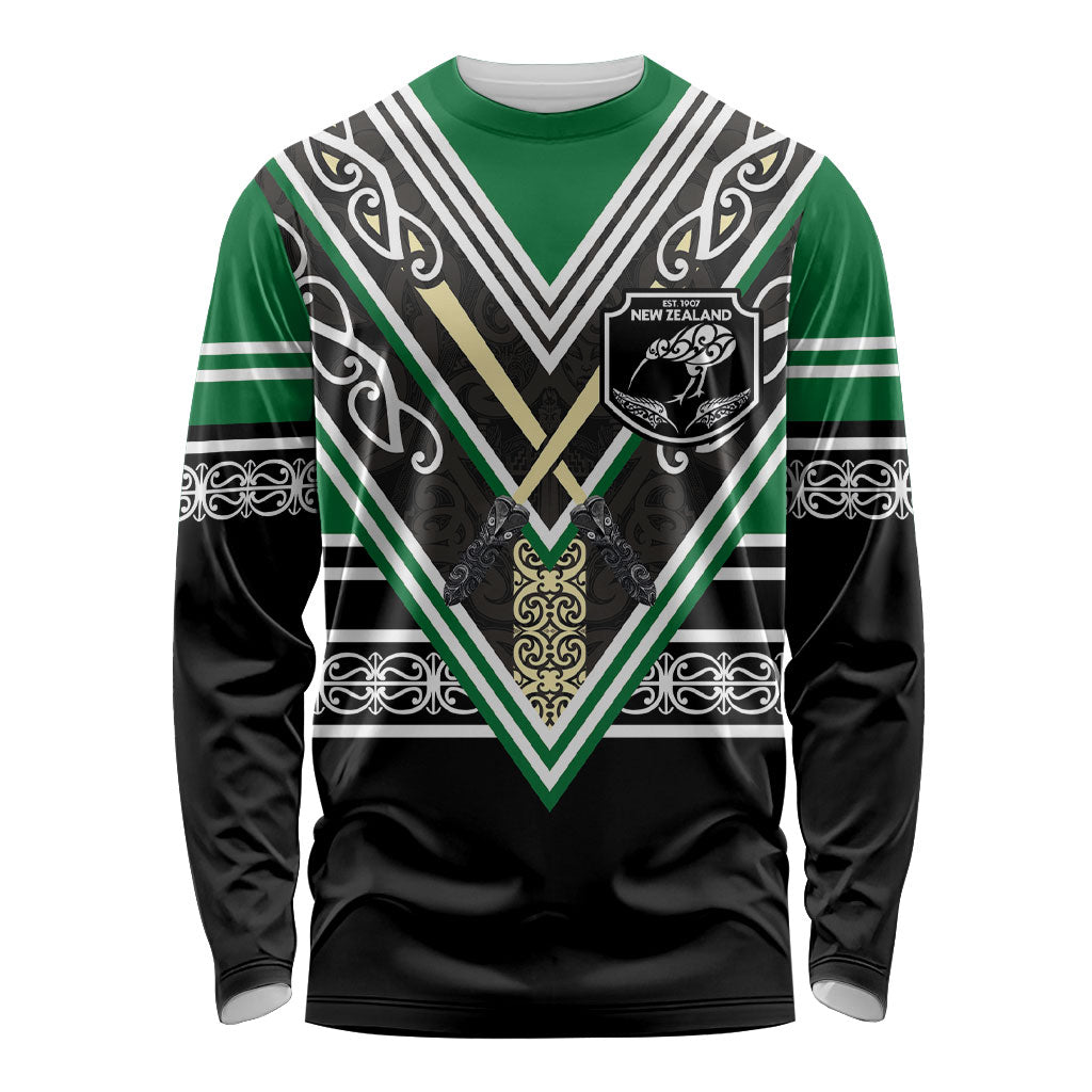 New Zealand Maori Rugby Custom Long Sleeve Shirt Aotearoa Koru Geometric - Naturalistic Green LT03 Unisex Green - Polynesian Pride