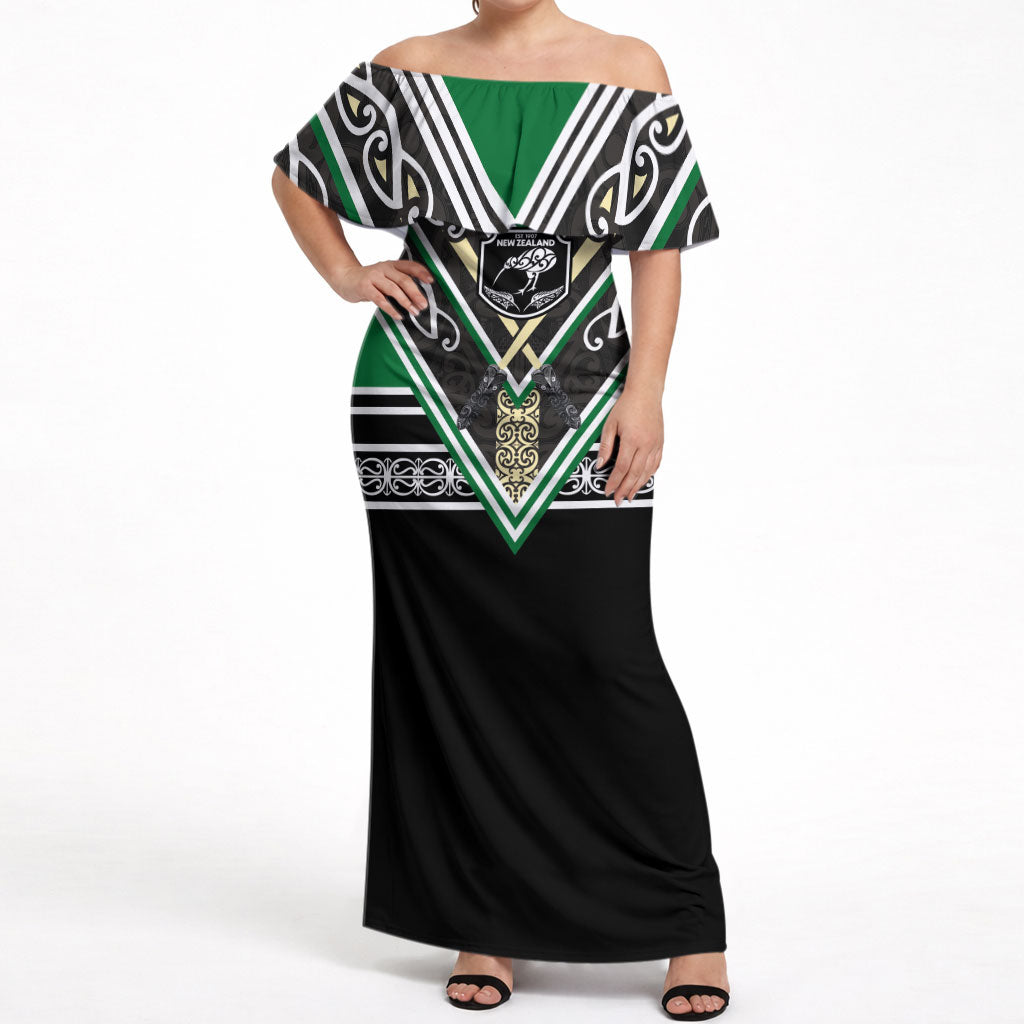New Zealand Maori Rugby Custom Off Shoulder Maxi Dress Aotearoa Koru Geometric - Naturalistic Green LT03 Women Green - Polynesian Pride