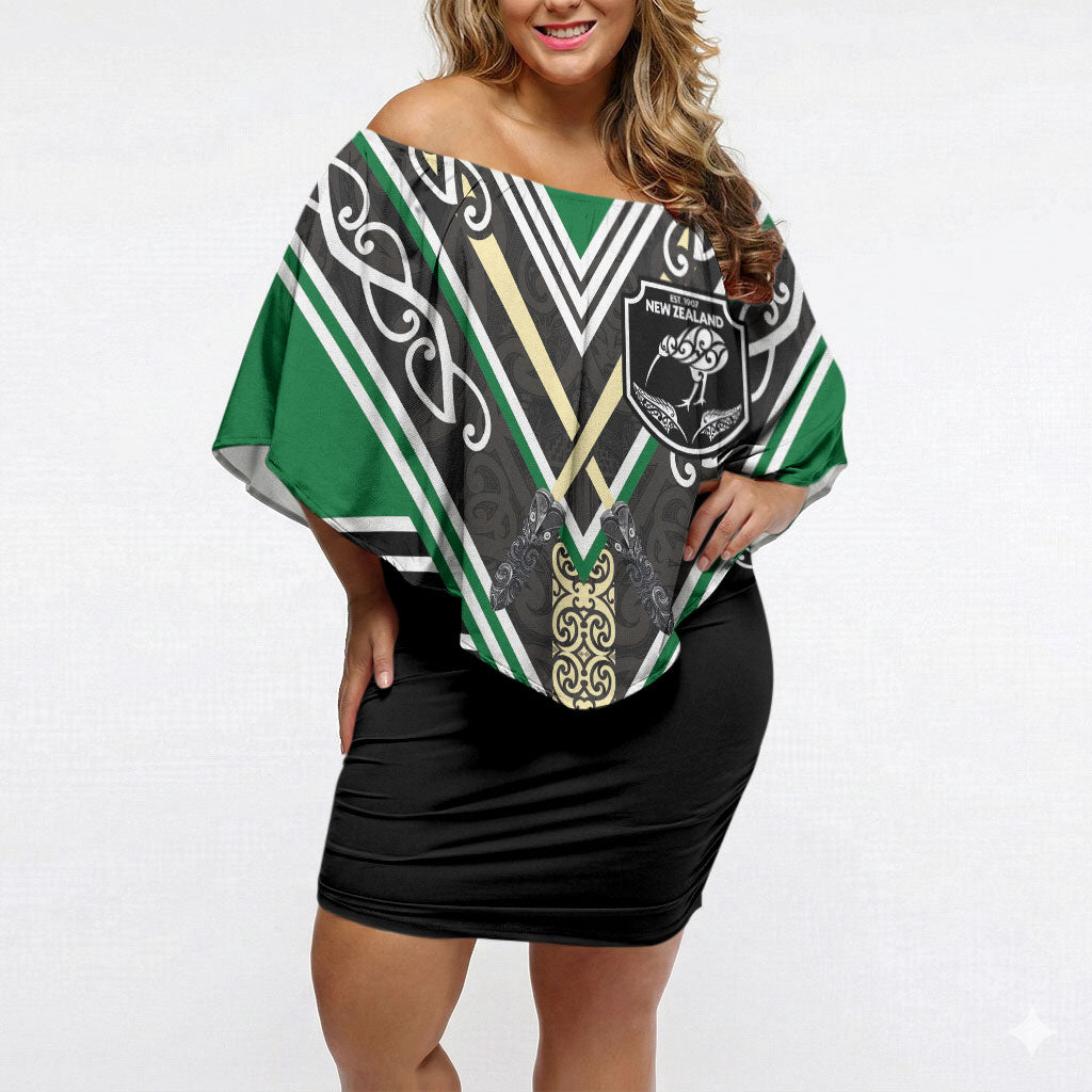 New Zealand Maori Rugby Custom Off Shoulder Short Dress Aotearoa Koru Geometric - Naturalistic Green LT03 Women Green - Polynesian Pride