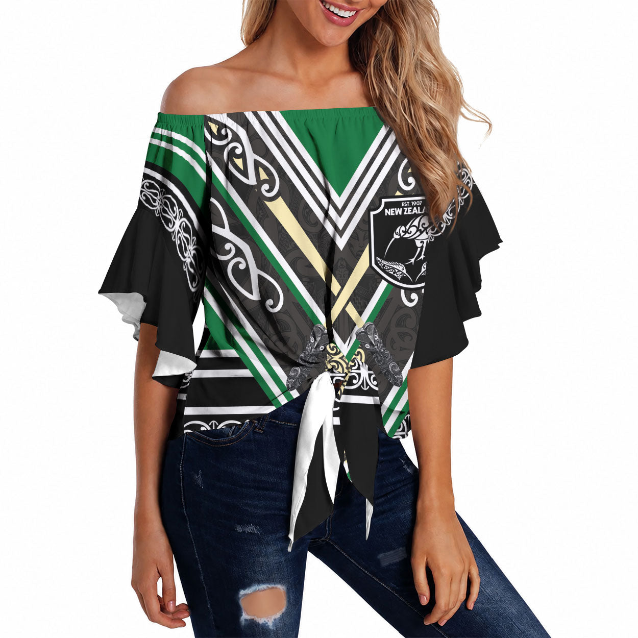 New Zealand Maori Rugby Custom Off Shoulder Wrap Waist Top Aotearoa Koru Geometric - Naturalistic Green LT03 Green - Polynesian Pride