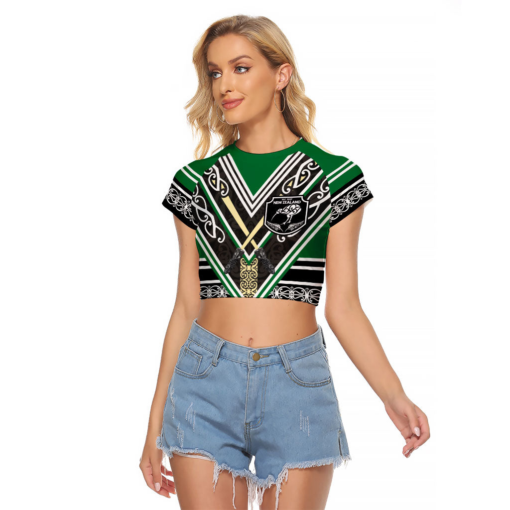 New Zealand Maori Rugby Custom Raglan Cropped T Shirt Aotearoa Koru Geometric - Naturalistic Green LT03 Female Green - Polynesian Pride