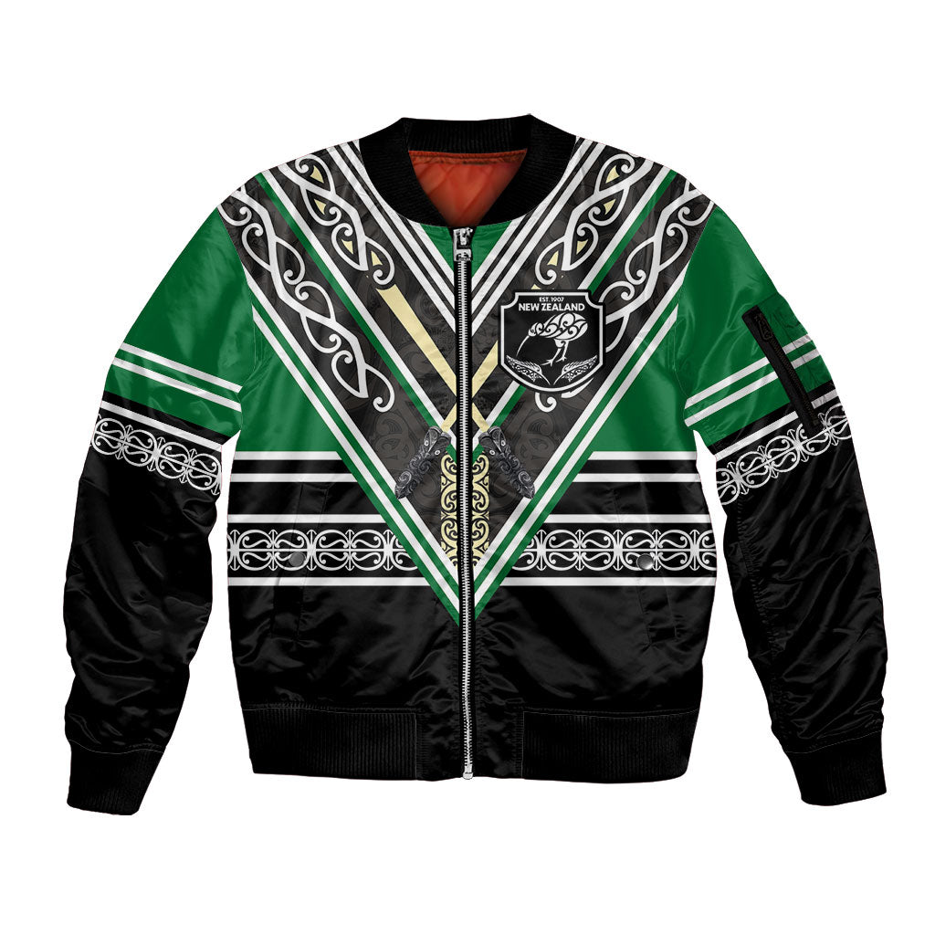 New Zealand Maori Rugby Custom Sleeve Zip Bomber Jacket Aotearoa Koru Geometric - Naturalistic Green LT03 Unisex Green - Polynesian Pride