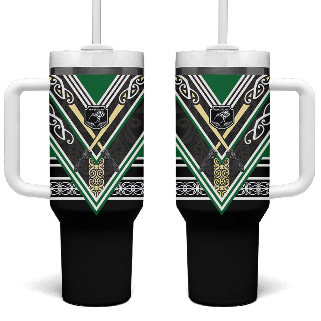 New Zealand Maori Rugby Tumbler With Handle Aotearoa Koru Geometric - Naturalistic Green LT03 One Size: 40 oz Green - Polynesian Pride