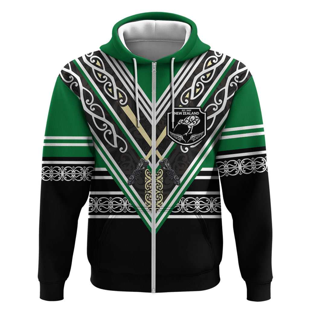 New Zealand Maori Rugby Custom Zip Hoodie Aotearoa Koru Geometric - Naturalistic Green LT03 Zip Hoodie Green - Polynesian Pride