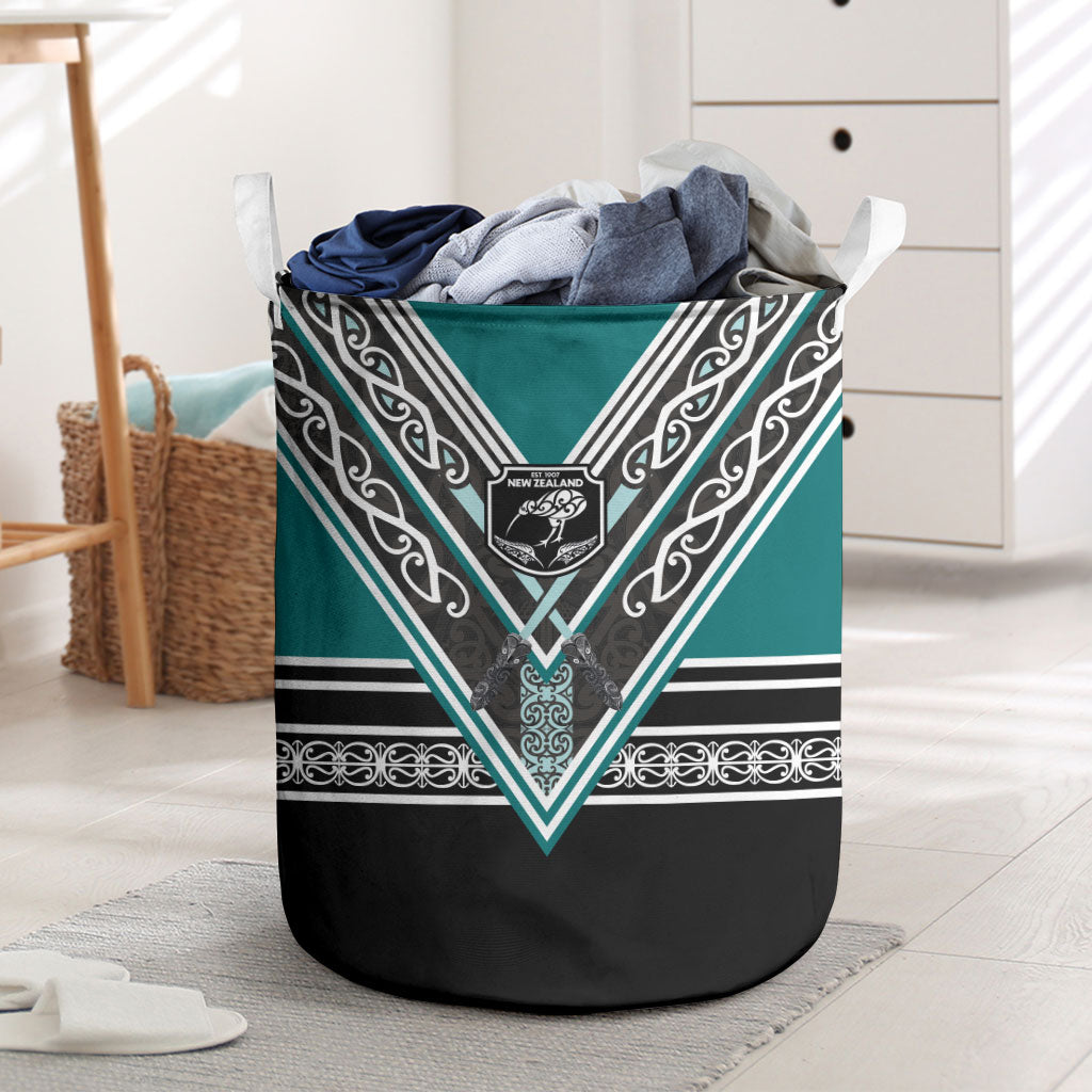 New Zealand Maori Rugby Laundry Basket Aotearoa Koru Geometric - Oceanic Color LT03 Turquoise - Polynesian Pride