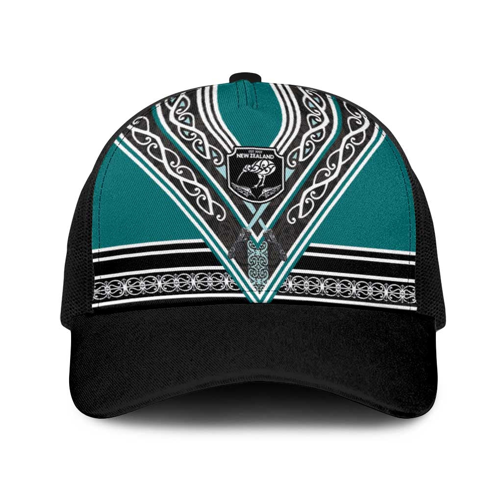 New Zealand Maori Rugby Baseball Net Cap Aotearoa Koru Geometric - Oceanic Color LT03 One Size Black Turquoise - Polynesian Pride