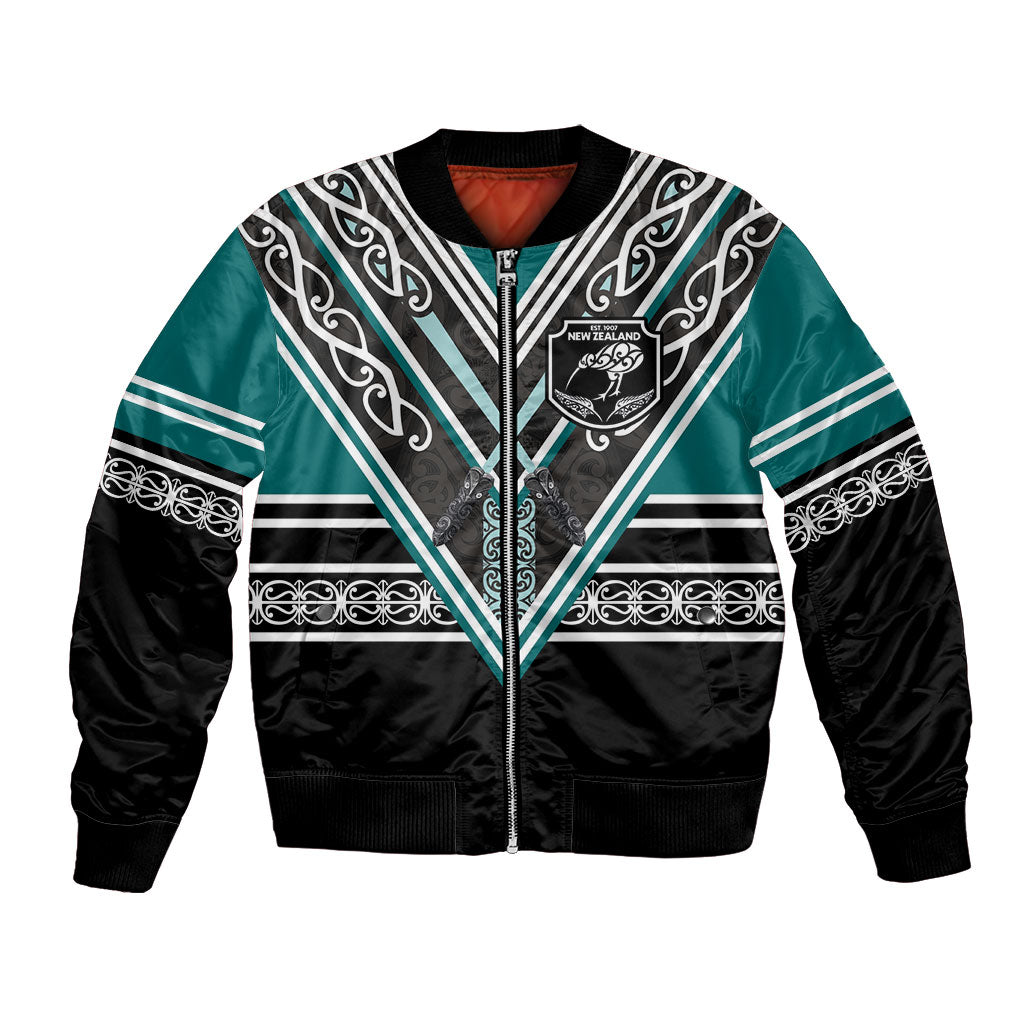 New Zealand Maori Rugby Custom Bomber Jacket Aotearoa Koru Geometric - Oceanic Color LT03 Unisex Turquoise - Polynesian Pride