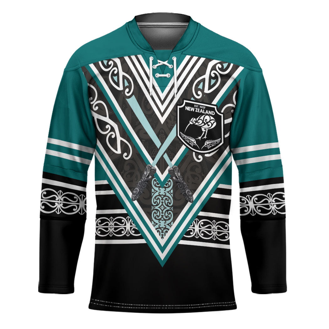 New Zealand Maori Rugby Custom Hockey Jersey Aotearoa Koru Geometric - Oceanic Color LT03 Unisex Turquoise - Polynesian Pride