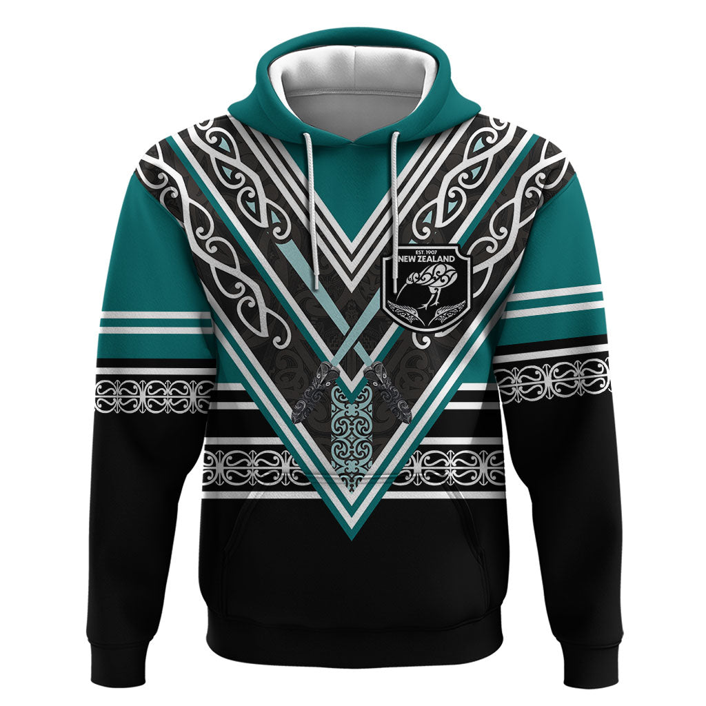 New Zealand Maori Rugby Custom Hoodie Aotearoa Koru Geometric - Oceanic Color LT03 Pullover Hoodie Turquoise - Polynesian Pride