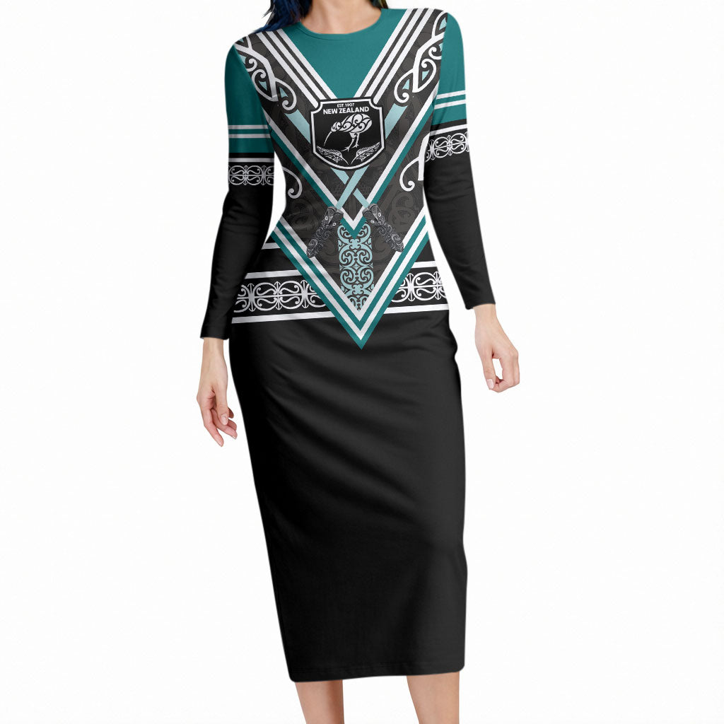 New Zealand Maori Rugby Custom Long Sleeve Bodycon Dress Aotearoa Koru Geometric - Oceanic Color LT03 Long Dress Turquoise - Polynesian Pride