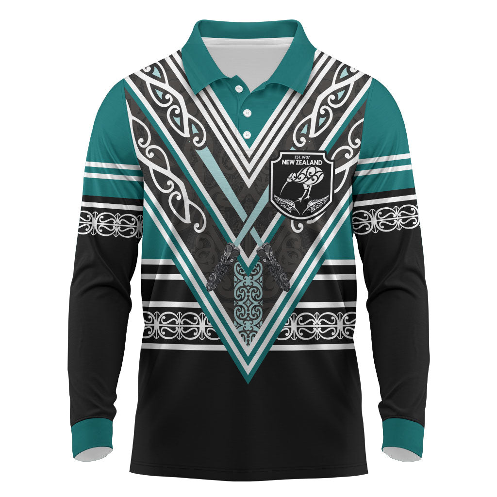 New Zealand Maori Rugby Custom Long Sleeve Polo Shirt Aotearoa Koru Geometric - Oceanic Color LT03 Turquoise - Polynesian Pride