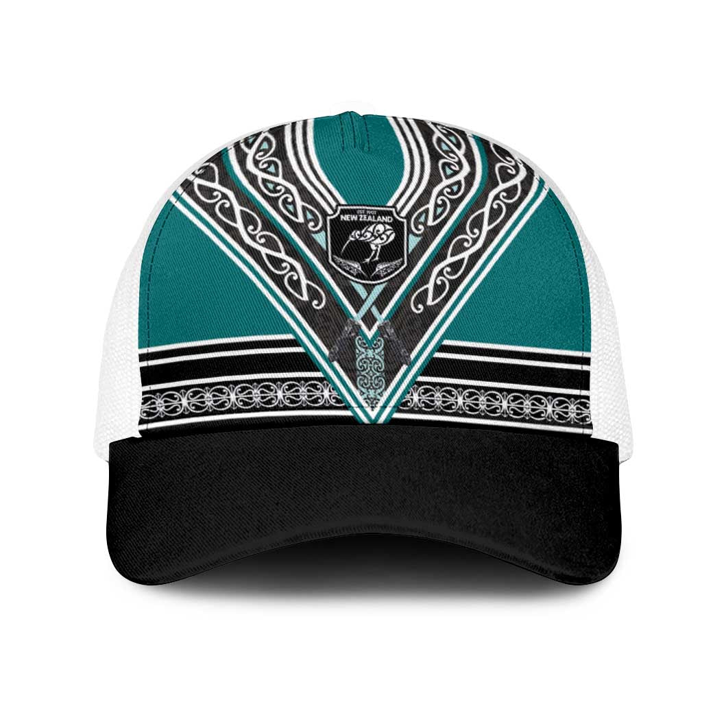 New Zealand Maori Rugby Mesh Trucker Cap Aotearoa Koru Geometric - Oceanic Color LT03 One Size White Turquoise - Polynesian Pride