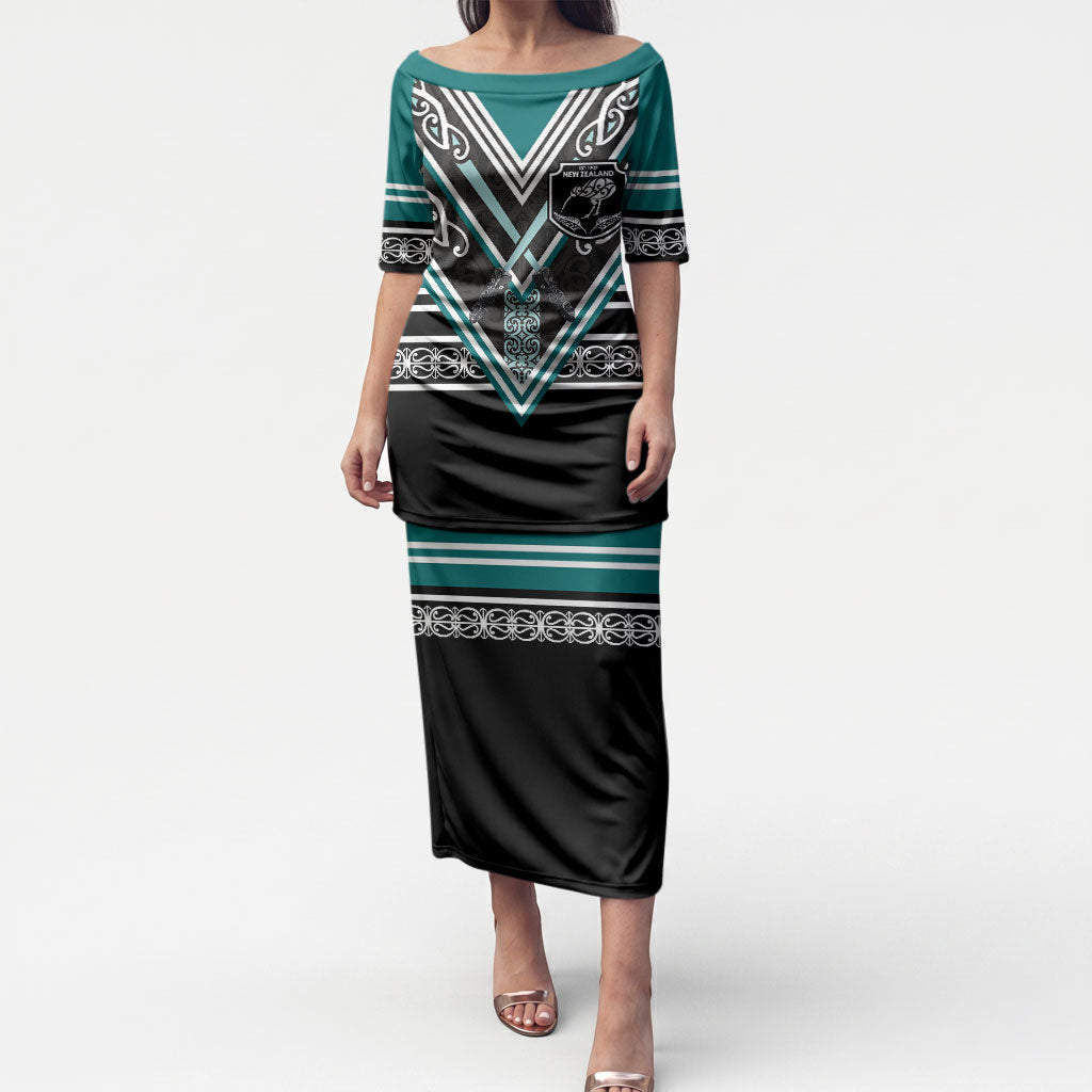 New Zealand Maori Rugby Custom Puletasi Aotearoa Koru Geometric - Oceanic Color LT03 Long Dress Turquoise - Polynesian Pride