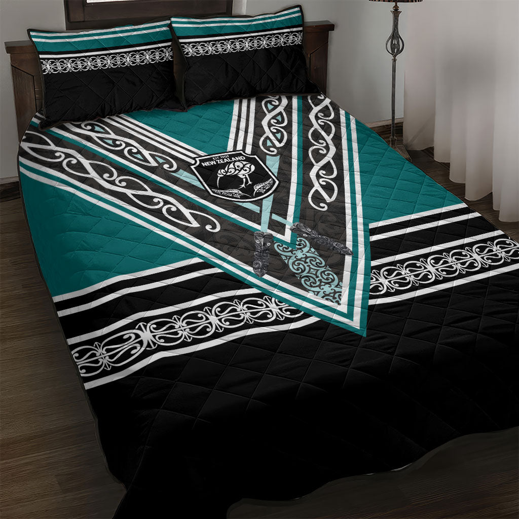 New Zealand Maori Rugby Quilt Bed Set Aotearoa Koru Geometric - Oceanic Color LT03 Turquoise - Polynesian Pride