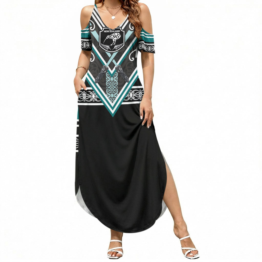 New Zealand Maori Rugby Custom Summer Maxi Dress Aotearoa Koru Geometric - Oceanic Color LT03 Women Turquoise - Polynesian Pride