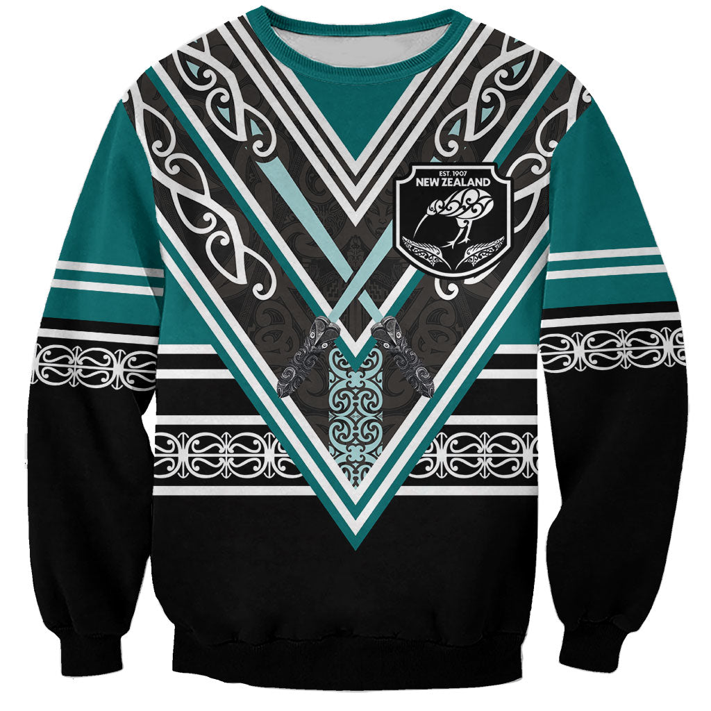 New Zealand Maori Rugby Custom Sweatshirt Aotearoa Koru Geometric - Oceanic Color LT03 Unisex Turquoise - Polynesian Pride