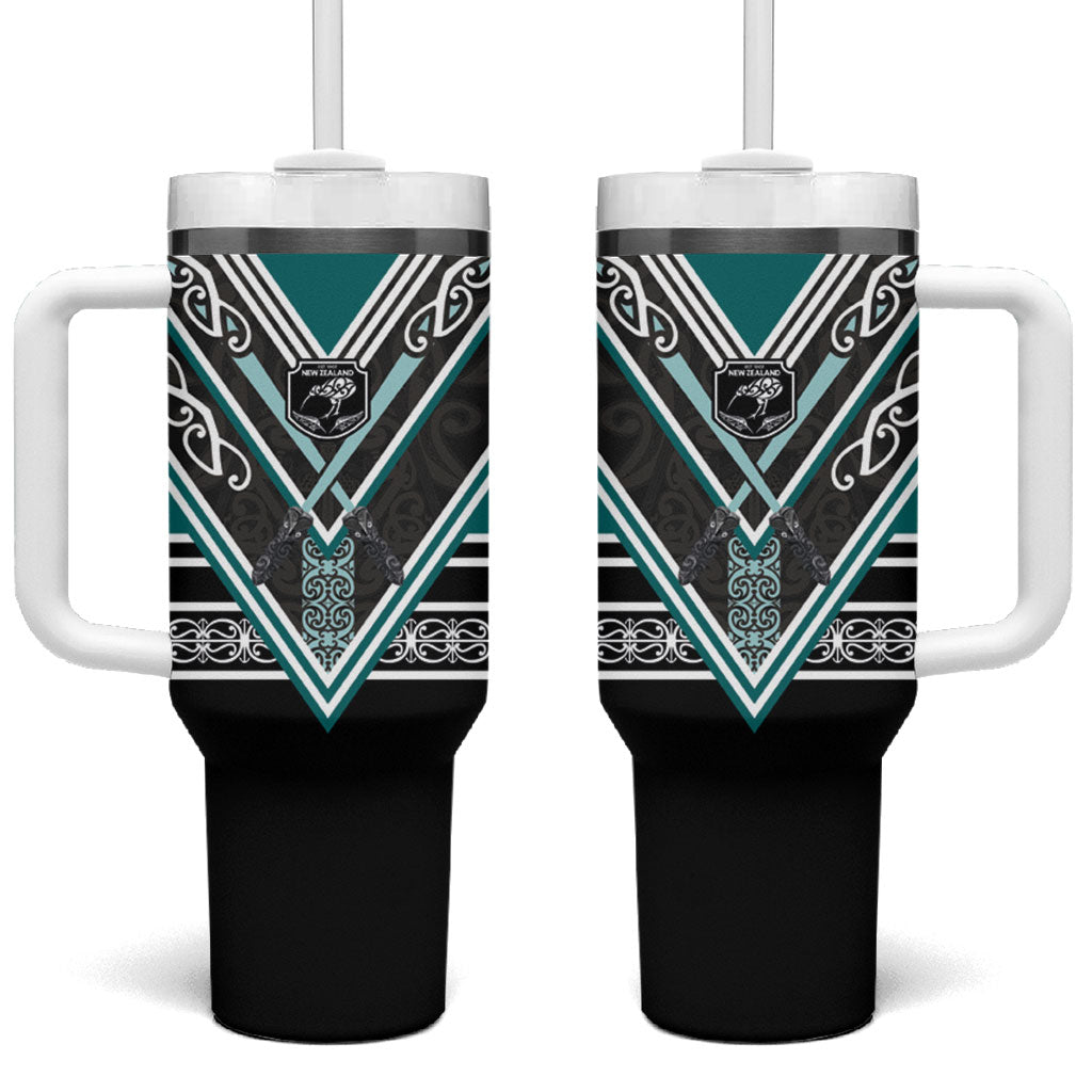 New Zealand Maori Rugby Tumbler With Handle Aotearoa Koru Geometric - Oceanic Color LT03 One Size: 40 oz Turquoise - Polynesian Pride