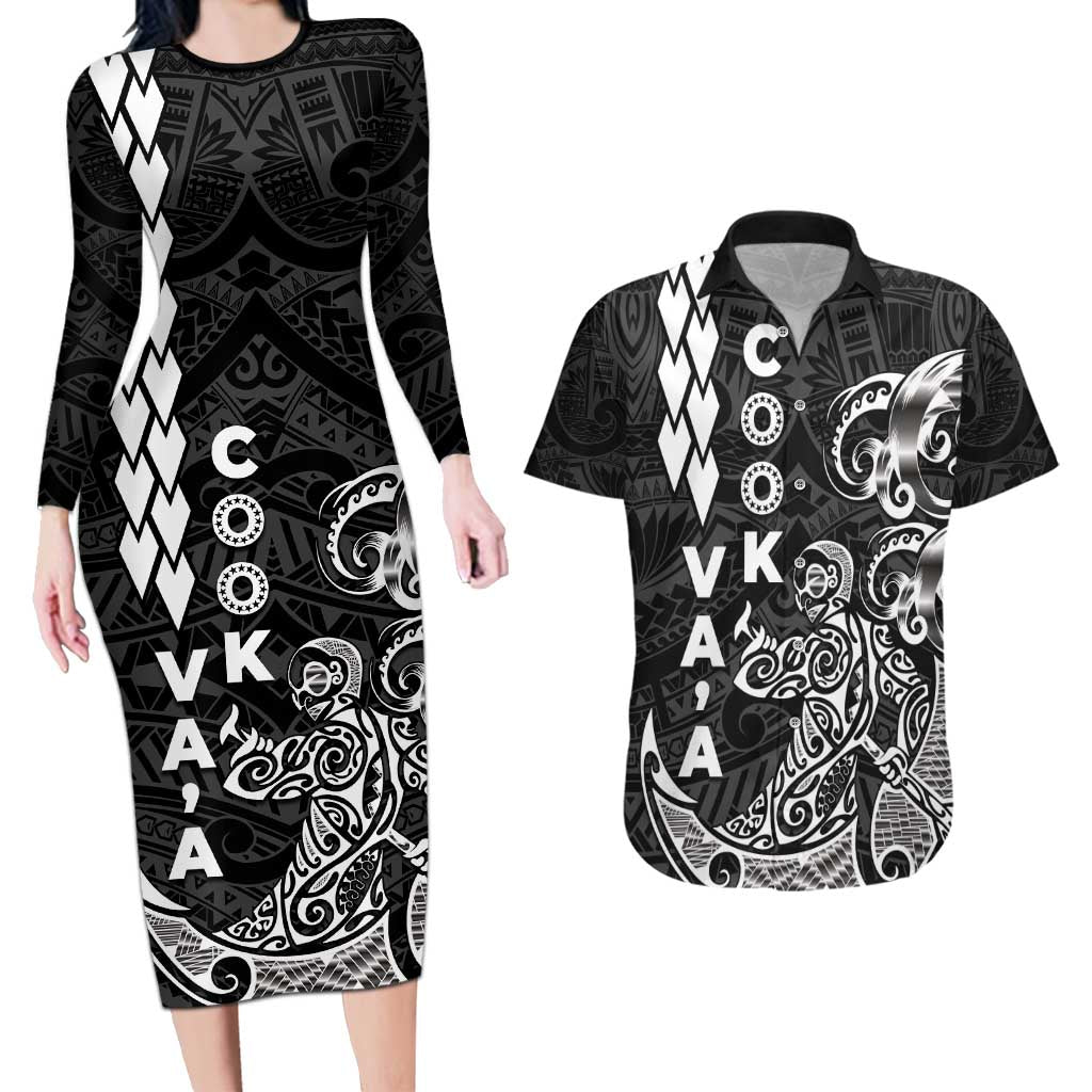 Cook Islands Va'a Polynesian Art Tattoo Couples Matching Long Sleeve Bodycon Dress and Hawaiian Shirt Black Color LT03 Black - Polynesian Pride