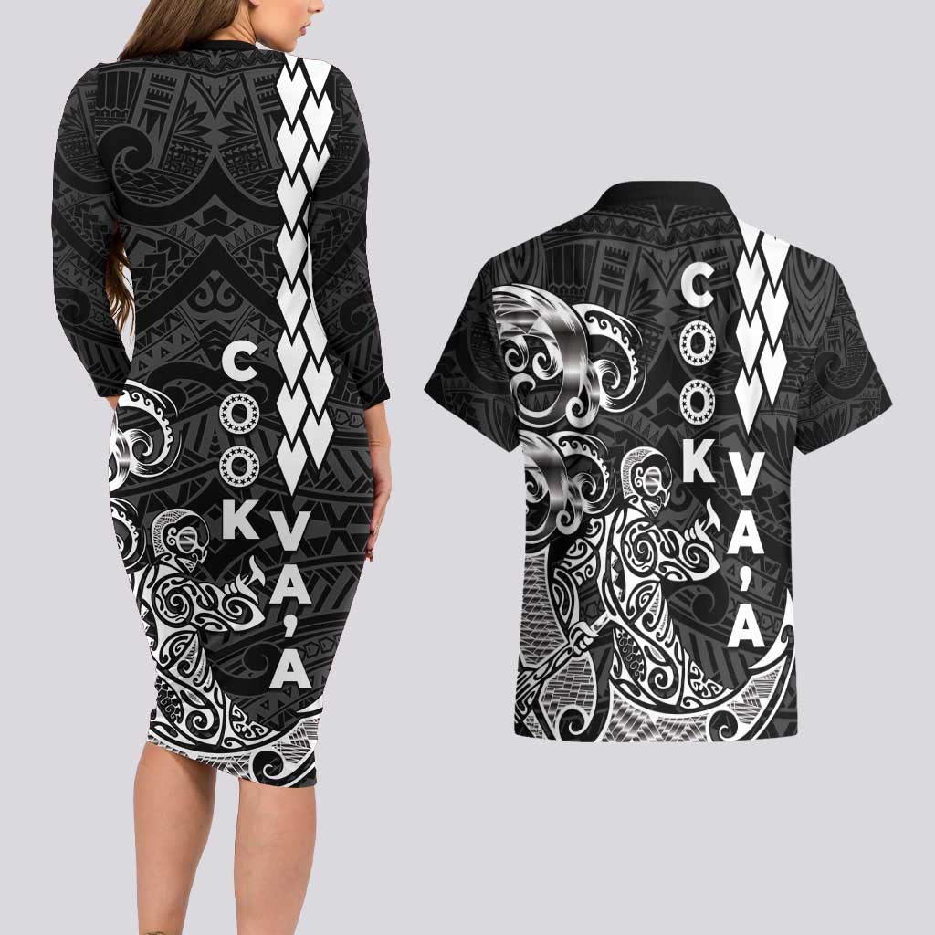 Cook Islands Va'a Polynesian Art Tattoo Couples Matching Long Sleeve Bodycon Dress and Hawaiian Shirt Black Color LT03 - Polynesian Pride