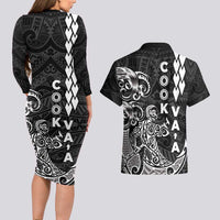 Cook Islands Va'a Polynesian Art Tattoo Couples Matching Long Sleeve Bodycon Dress and Hawaiian Shirt Black Color LT03 - Polynesian Pride